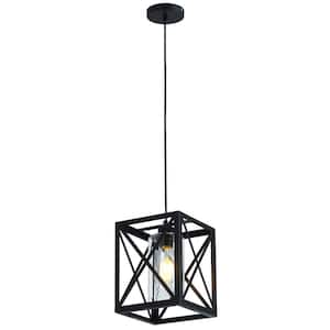1-Light Industrial Black Square Pendant Light Farmhouse Island Retro Vintage Hanging Light with Glass and Metal Shades