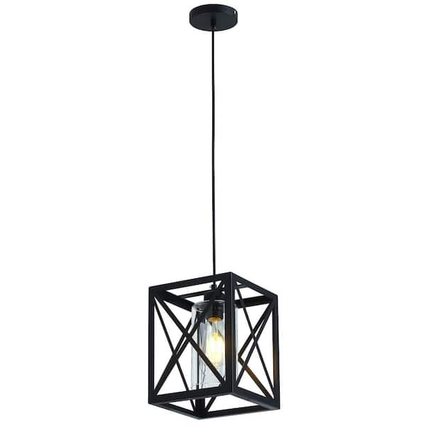 aiwen 1-Light Industrial Black Square Pendant Light Farmhouse Island Retro Vintage Hanging Light with Glass and Metal Shades