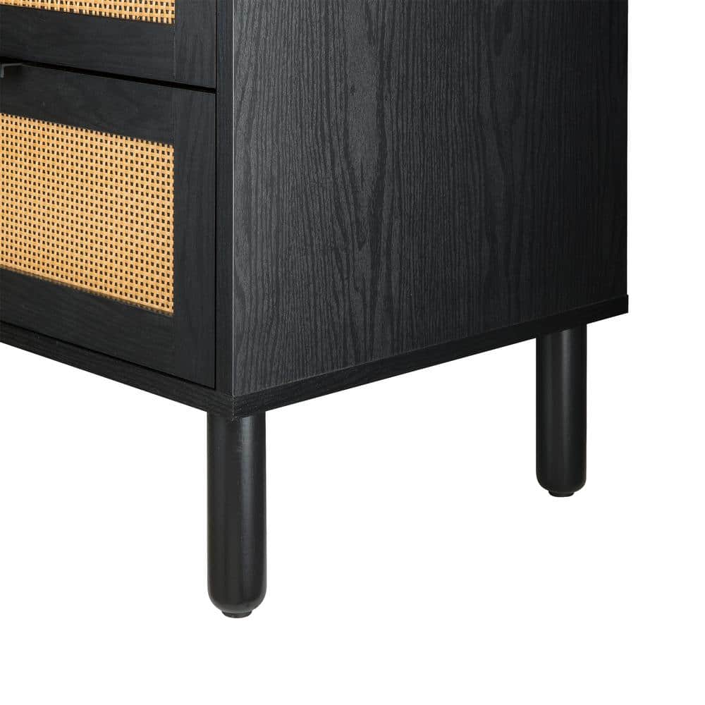 Black and Light Brown Rattan 2-Drawer Nightstand
