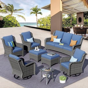 Grinnell Grey 8-Piece Wicker Outdoor Patio Conversation Sofa Set with Swivel Rocking Chairs and Denim Blue Cushions