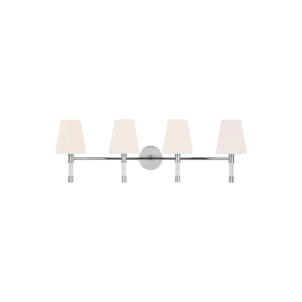 Hanover 34.125 in. W x 11 in. H 4-Light Polished Nickel Dimmable Mid-Century Rustic Vanity Light with Milk Glass Shades