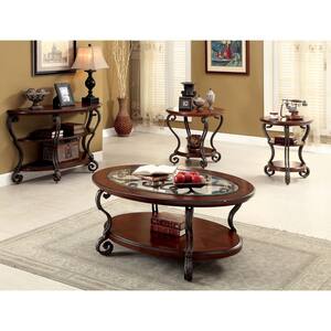 Nestillia 4-Piece 48 in. Brown Oval Glass Coffee Table Set with Shelf