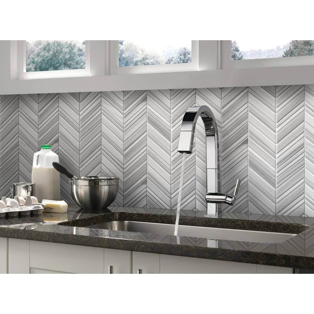 12" x 12" Gray and White Polished Marble Chevron Tile