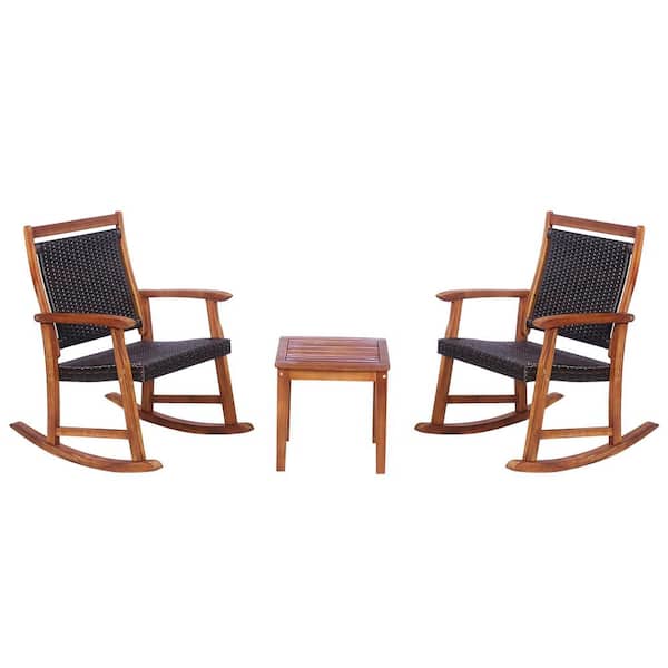 FORCLOVER 4-Piece Acacia Wood Patio Conversation Seating Set with Rocking Chair