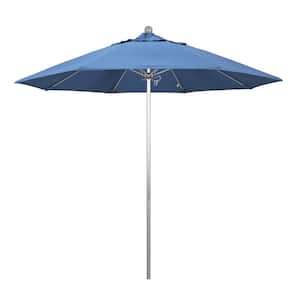 9 ft. Silver Aluminum Commercial Market Patio Umbrella with Fiberglass Ribs and Push Lift in Frost Blue Olefin