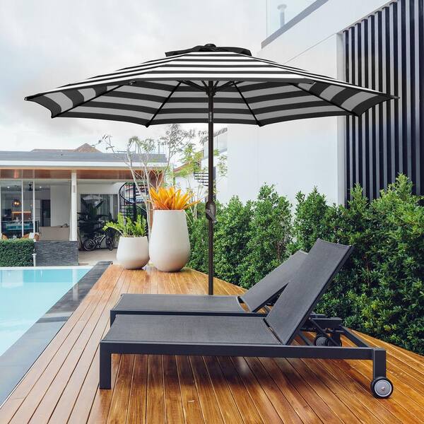 black wood patio umbrella GARSING 9ft Metal Market Tilt Patio Umbrella in Black Stripe