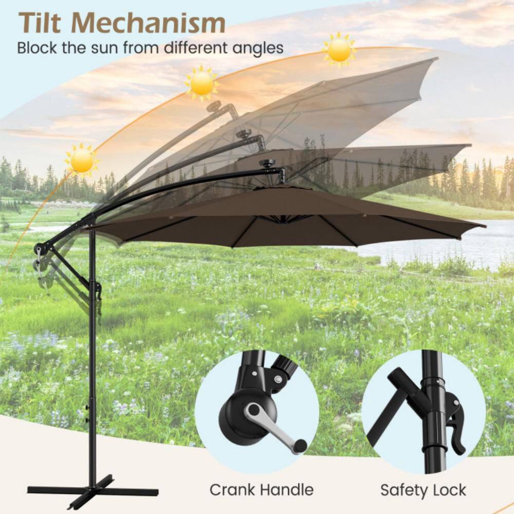 Coffee 10FT Solar-Lighted Cantilever Offset Patio Umbrella