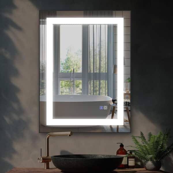 FUNKOL 24 in. W x 32 in. H LED Anti-Fog Dimmable Matte Black Frame Wall Mounted Black Modern Style Bathroom Vanity Mirror