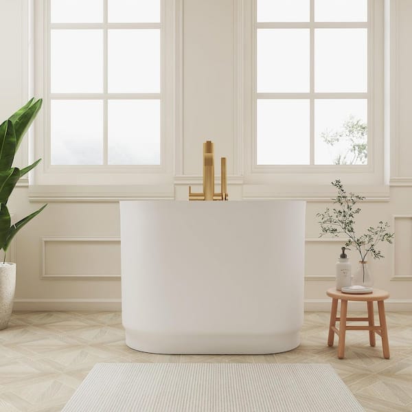 Verna 39 in. x 23 in. Stone Resin Freestanding Soaking Bathtub Solid Surface Japanese Freestanding Tub in White