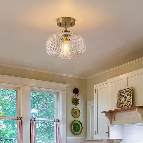 Ghent 9.84 in. Modern 1-Light Brass Semi Flush Mount Ceiling Light with Clear Texture Glass Shade