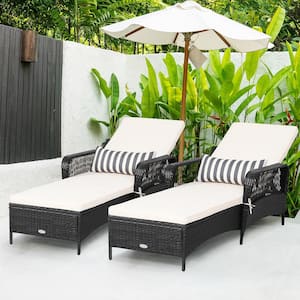 Patio Cushioned Armchair Adjustable Bracket Wicker Outdoor Chaise Lounge Chair with Off White Cushions Set of 2 Chairs