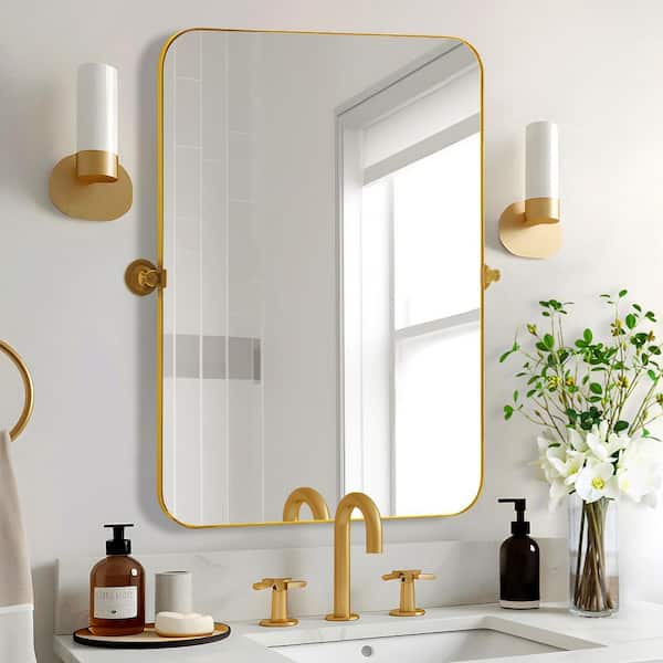 Dovelina 24 in. W x 31.5 in. H Modern Rectangle Metal Framed Gold Pivoted Wall Vanity Mirror With Rounded Corners