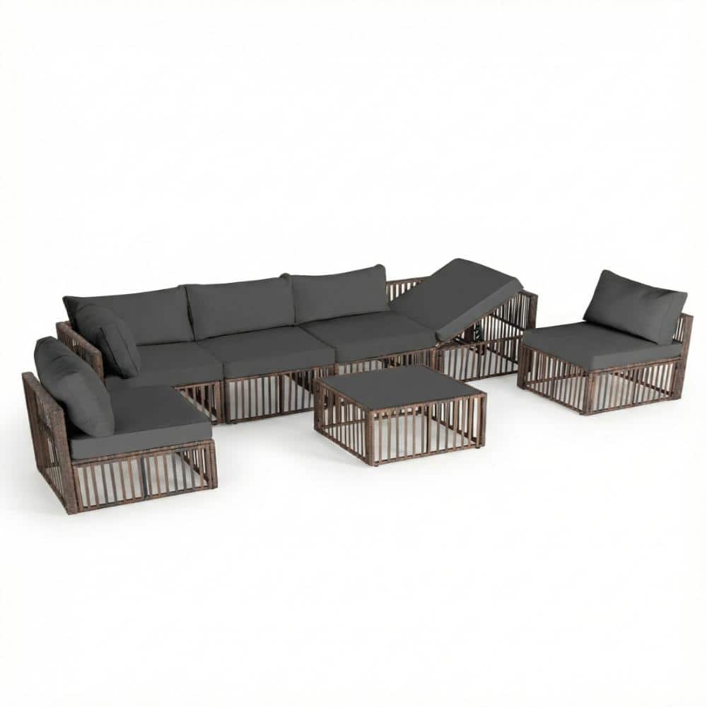 Wide Brown Wicker Patio Set Gray Cushions 3 Armless 1 Coffee Table