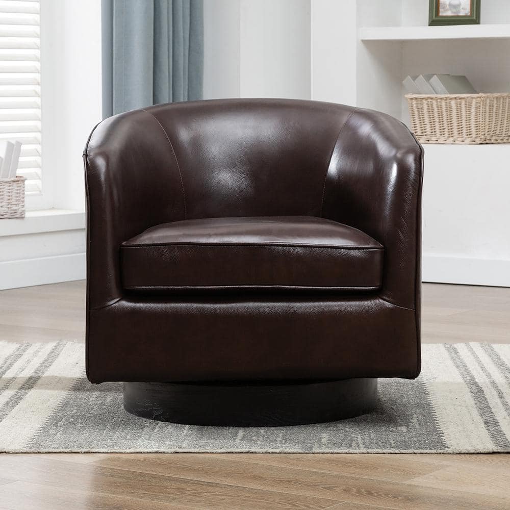 Transitional Black Top Grain Leather Swivel Barrel Chair with Wooden Base
