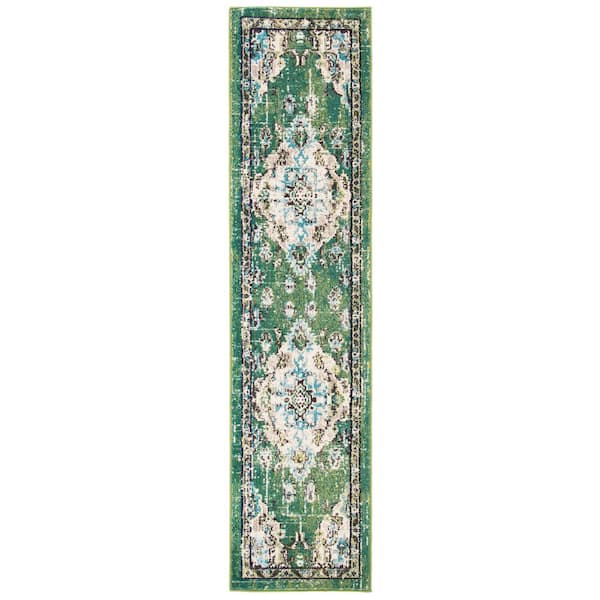 SAFAVIEH Madison Green/Light Blue 2 ft. x 12 ft. Border Floral Oriental Runner Rug