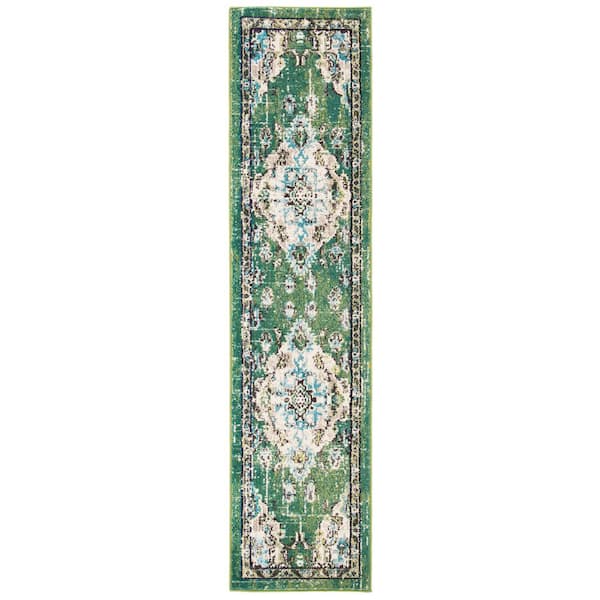 Madison 2 ft. x 18 ft. Green/Light Blue Distressed Floral Runner Rug