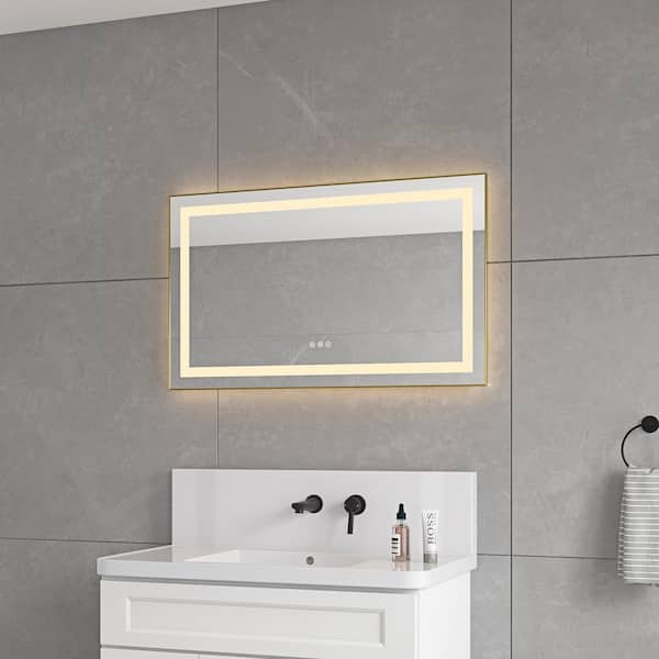 FORCLOVER 40 in.W x 24 in.H Rectangular Framed Anti-Fog Dimmable Front and Backlit LED Wall Bathroom Vanity Mirror in Brushed Gold