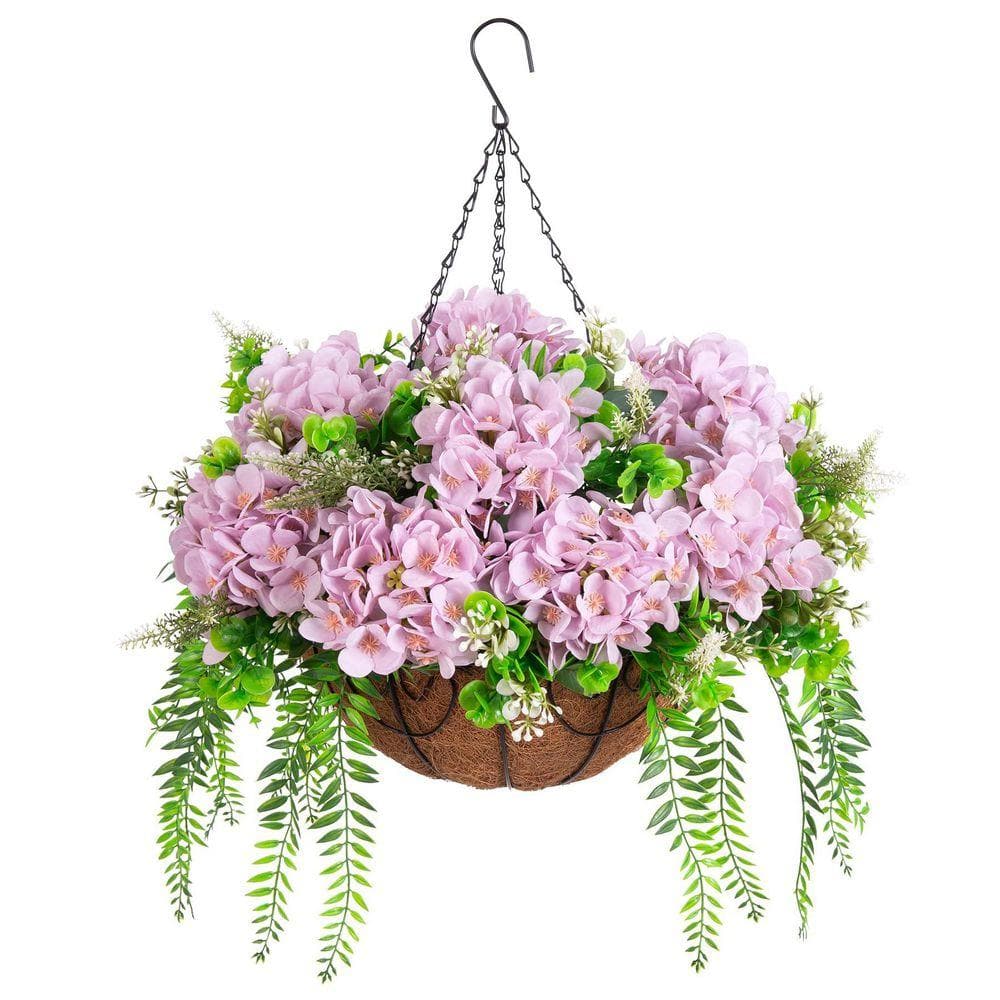 21.3 in. Purple Outdoor Artificial Hydrangea Flower in Basket