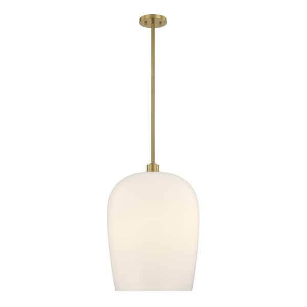 Livingston 16 in. W x 22.88 in. H 1-Light Warm Brass Pendant Light with White Opal Glass Shade