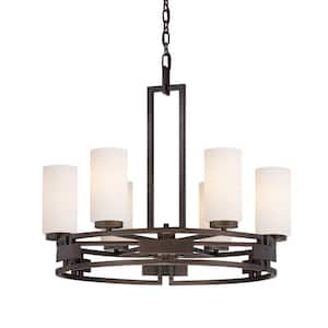 Del Ray 6-Light Mid-Century Modern Flemish Bronze Chandelier with White Opal Glass Shades For Dining Rooms