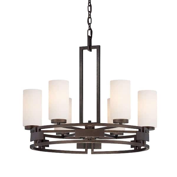 Designers Fountain Del Ray 6-Light Mid-Century Modern Flemish Bronze Chandelier with White Opal Glass Shades For Dining Rooms