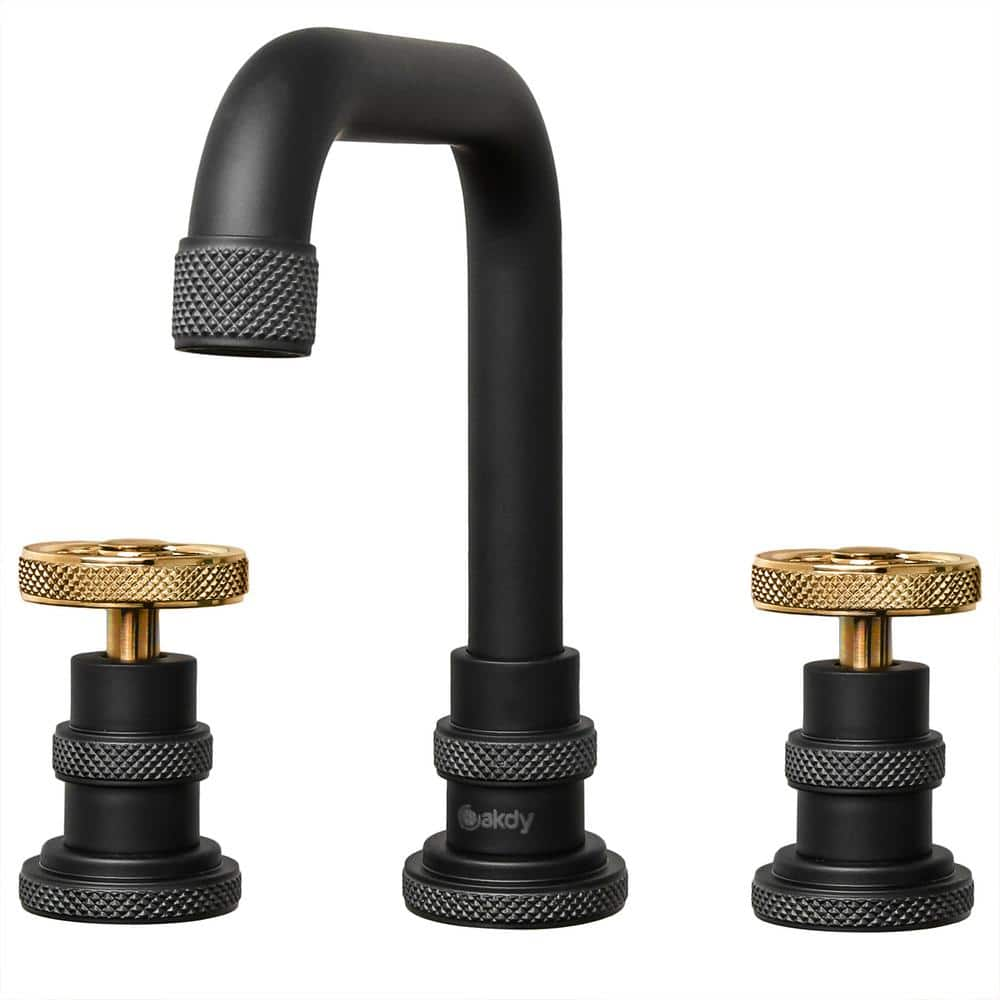 AKDY 8 in. Widespread 2-Handle High-Arc Bathroom Faucet in Matte Black with Brushed Gold Handle, Matte Black/Brushed Gold