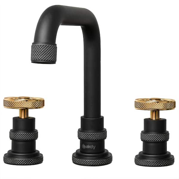 AKDY 8 in. Widespread 2-Handle High-Arc Bathroom Faucet in Matte Black with Brushed Gold Handle