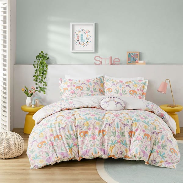 Thea 4-Piece Purple Cotton Full/Queen Floral Reversible Cotton Duvet Cover Set with Throw Pillow