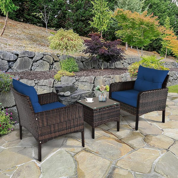 FORCLOVER 3-Pieces Rattan Outdoor Patio Conversation Set with Navy Cushions