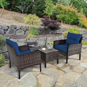 3-Pieces Rattan Outdoor Patio Conversation Set with Navy Cushions