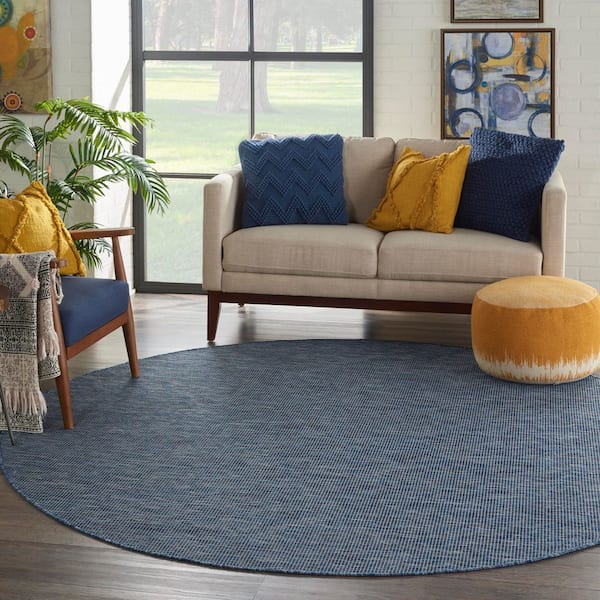 Positano Navy Blue 8 ft. x 8 ft. Round Solid Modern Indoor/Outdoor Patio Area Rug