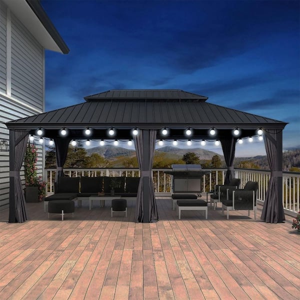 PURPLE LEAF 14 ft.x 20 ft.Gray Patio Outdoor Gazebo for Backyard Hardtop Aluminum Frame with Hooks ,Netting , Curtain 24 Lights
