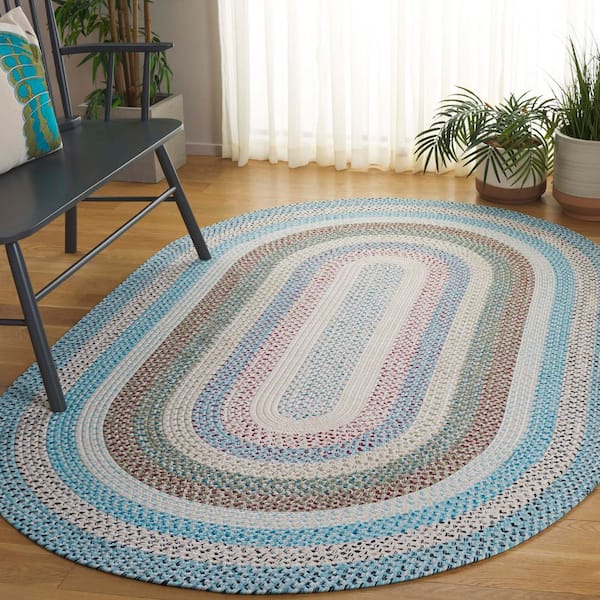 Braided Beige/Light Blue 5 ft. x 8 ft. Machine Washable Striped Multicolor Oval Area Rug
