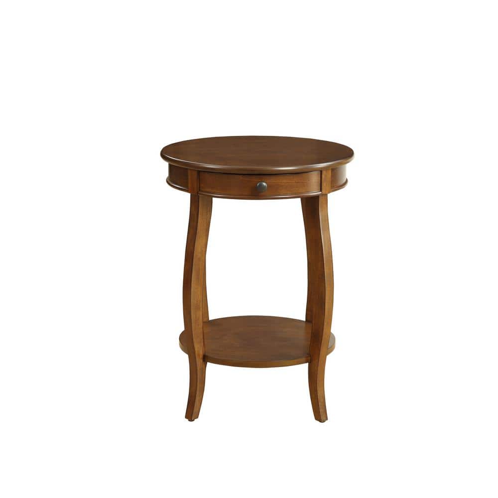 Walnut Round Wood End Table with Storage Drawer