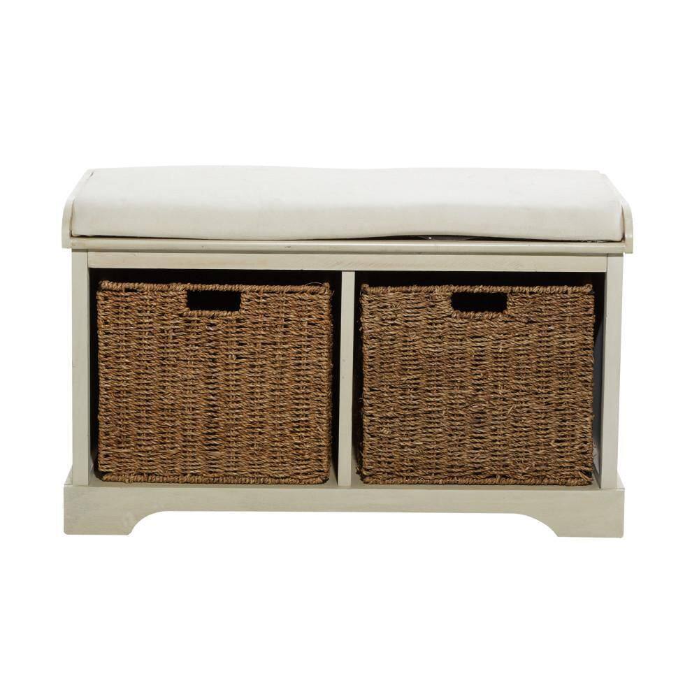 Elegant White Linen Cushioned Storage Bench with Wicker Baskets