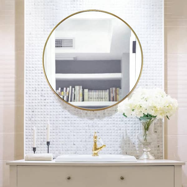 WallBeyond 28 in. Round Modern Mirror with Aluminum Frame in Gold Color