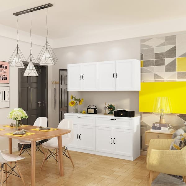 White Wooden 63 in. W Food Pantry, Sideboard, Pantry Cabinet, with Wall Mounted Kitchen Cabinet (2 Parts)