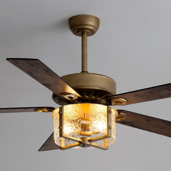 Wallin 52 in. 2-Light Indoor Downrod Antique Gold Ceiling Fan with Light Kit, 5 Black/Brown Blades and Remote Included