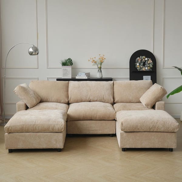 100.5 in. Square Arm 5-piece Chenille U-Shaped Living Room Sectional Sofa Free Combination with Ottoman in. Brown