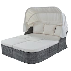 Patio Wicker Outdoor Day Bed with Beige Cushions and Retractable Canopy, Conversation Set, Wicker Furniture Sofa Set