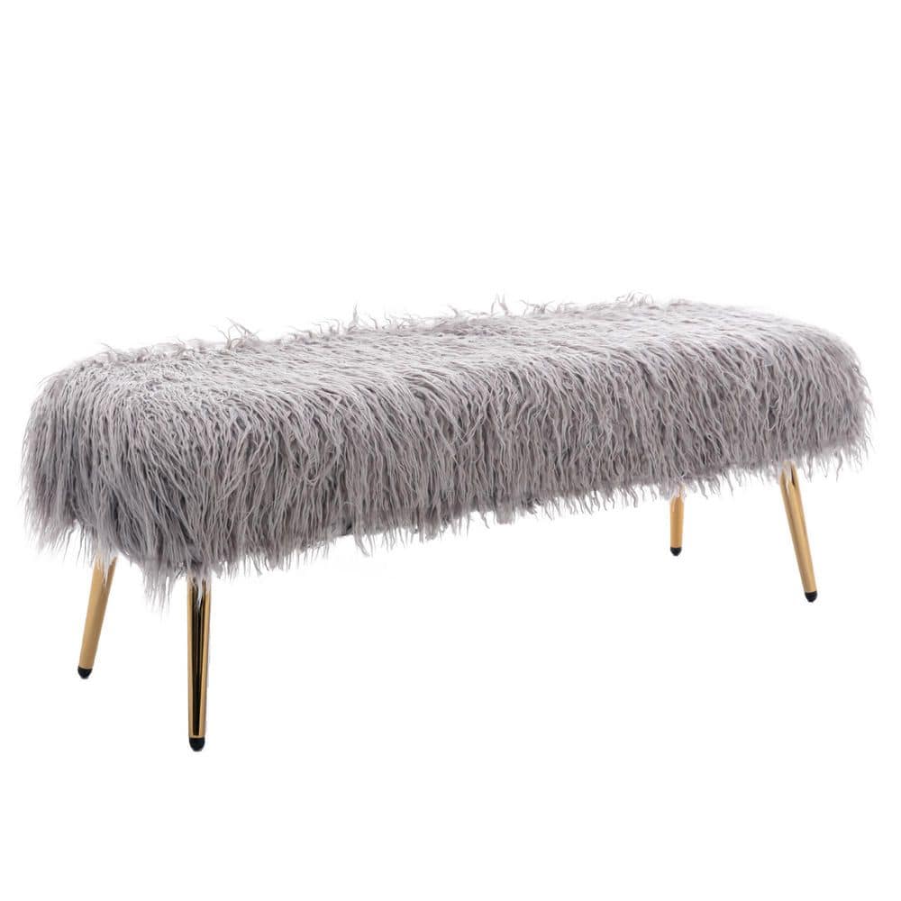 Gray Modern Fluffy Faux Fur Plush Ottoman Bench (17 in. H x 48 in. W x ...