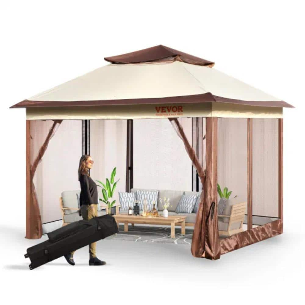 Gazebo 11 ft. x 11 ft. Outdoor Pop-Up Canopy Shelter with PU Coated 250D Oxford Cloth and Mosquito Net in Khaki -  ITOPFOX, H2SA04-2OT047