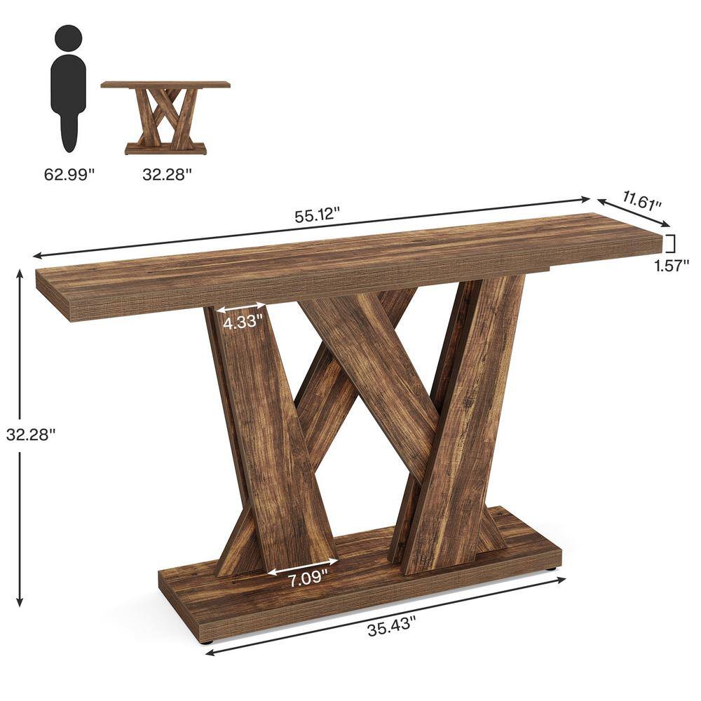 Rustic Brown 55'' Wood Console Table with Geometric Base