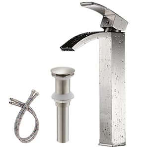 Single Hole Single Handle High Arc Bathroom Vessel Sink Faucet With Pop Up Drain Without Overflow in Brushed Nickel