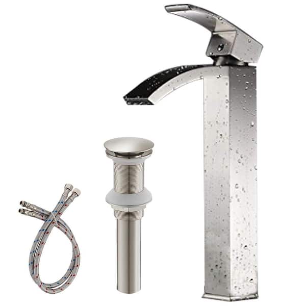 HOMEMYSTIQUE Single Handle Waterfall Vessel Sink Faucet with Drain Kit Included in Brushed Nickel