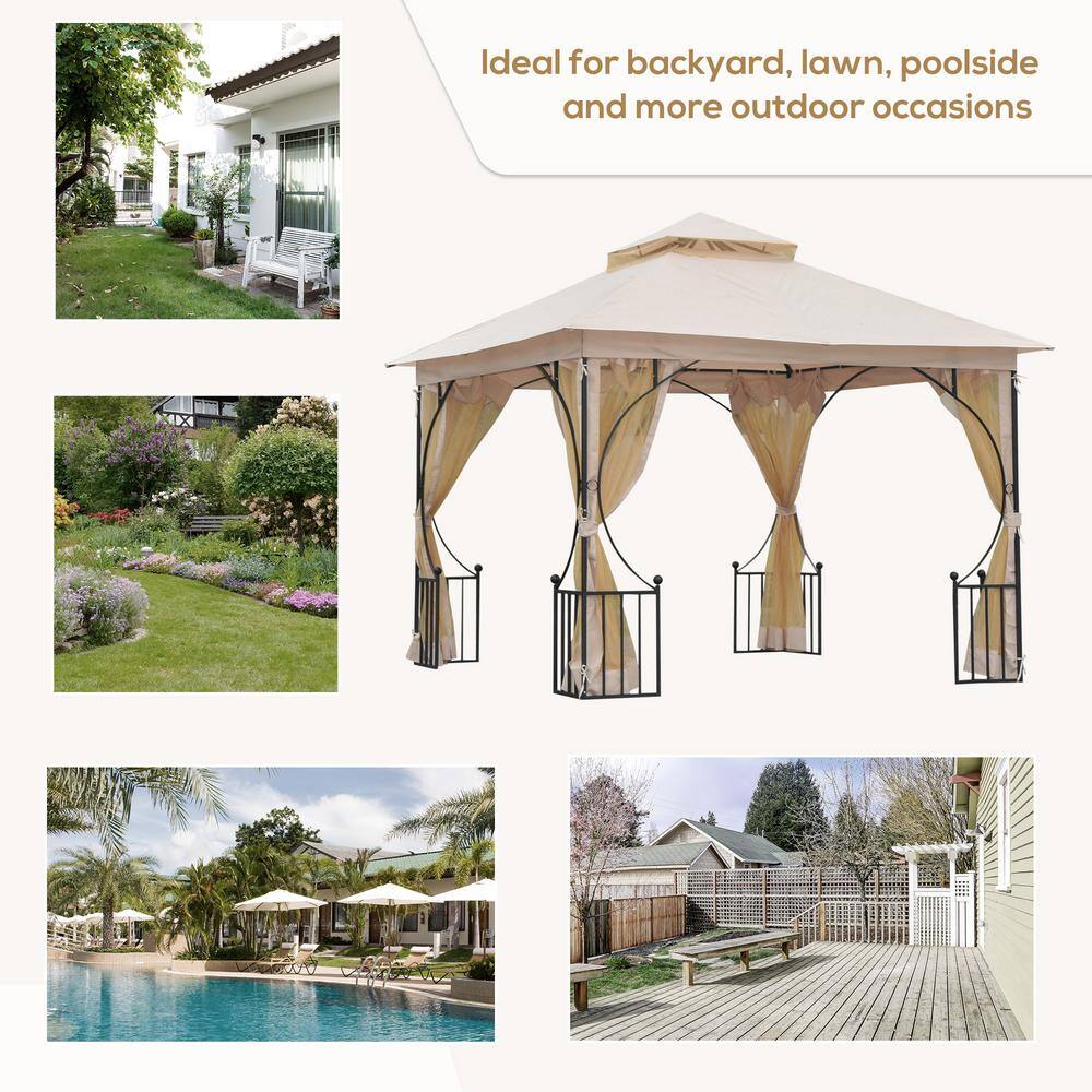 Beige 10' x 10' Steel Frame Patio Gazebo with Mesh Netting