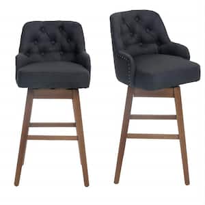 28 in. Modern Black Linen Counter-Height Swivel Bar Stool with Wood Legs( Set of 2)