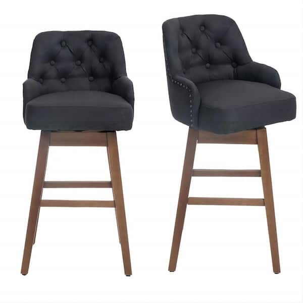 HOMEFUN 28 in. Modern Black Linen Counter-Height Swivel Bar Stool with Wood Legs( Set of 2)