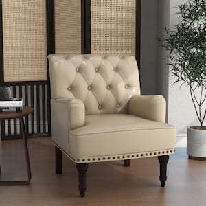 Modern Vintage Nailhead Trim Beige PU Upholstered Accent Armchair With Solid Wood Legs (Set of 1)