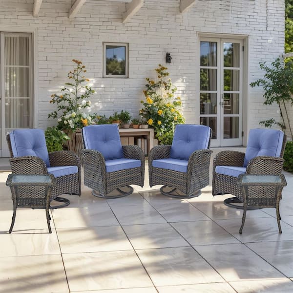 Sleek Arm 6-Piece Brown Wicker Patio Conversation Set with Olefin Blue Cushions Patio Swivel Chairs and Side Table